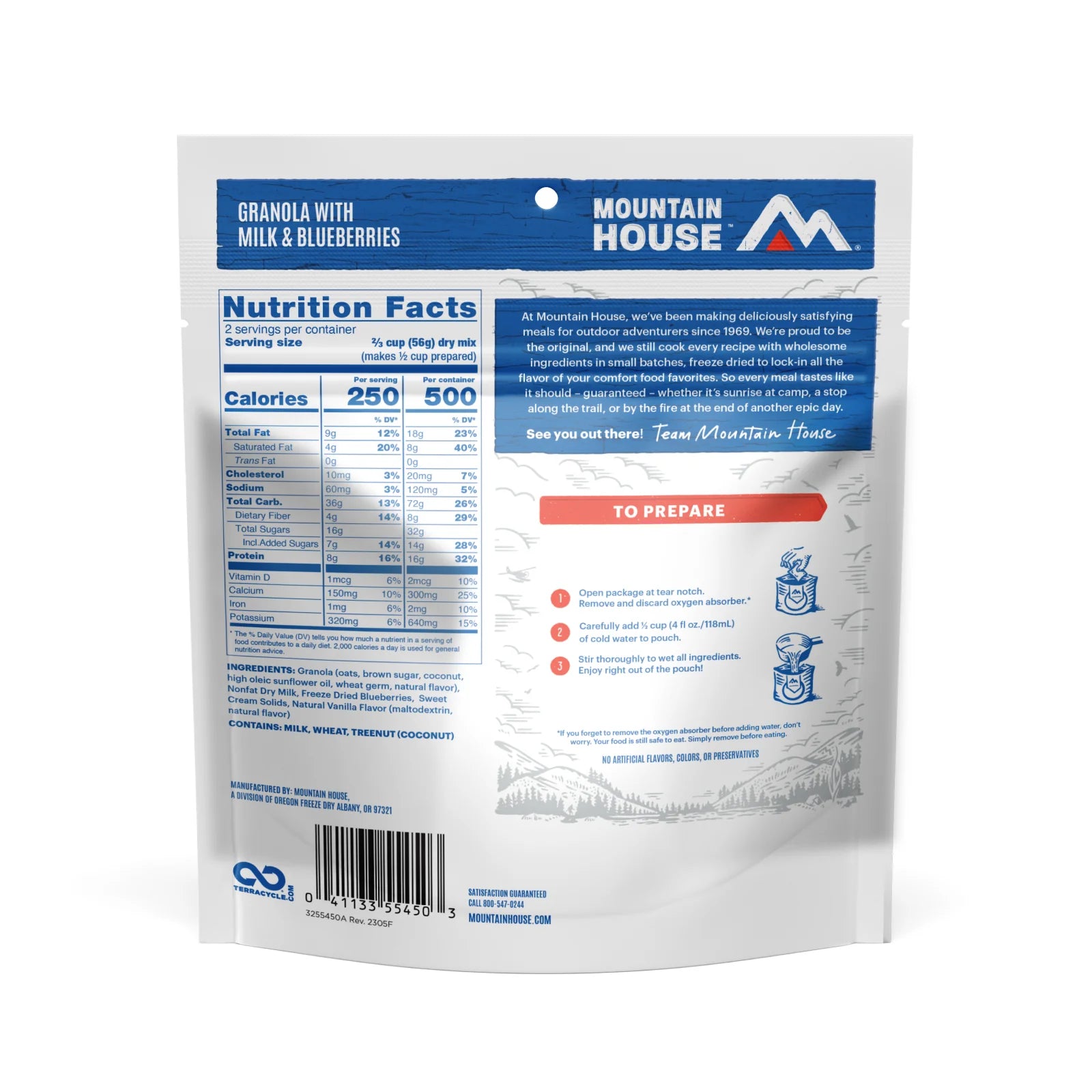 Mountain House granola with milk and blueberries package showing nutrition facts and preparation instructions.