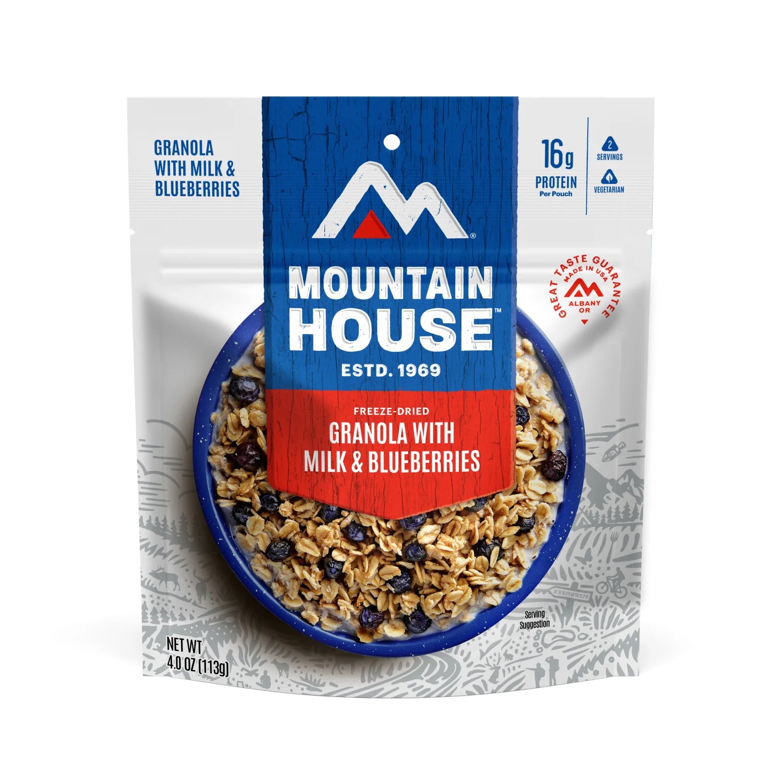 Mountain House granola with milk and blueberries packaging on a white background