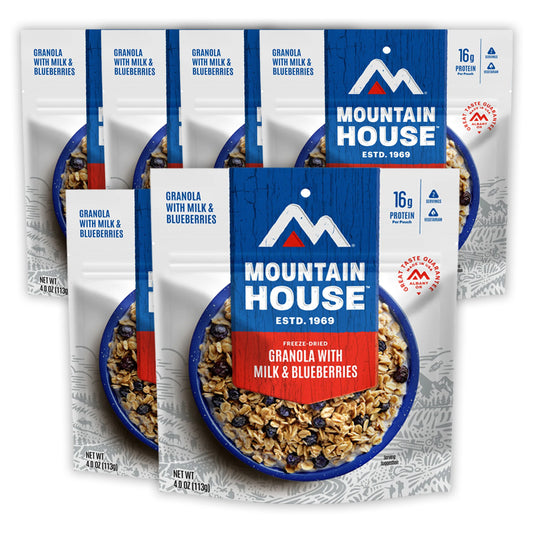 6 packages of Mountain House Granola with Milk & Blueberries freeze dried food storage