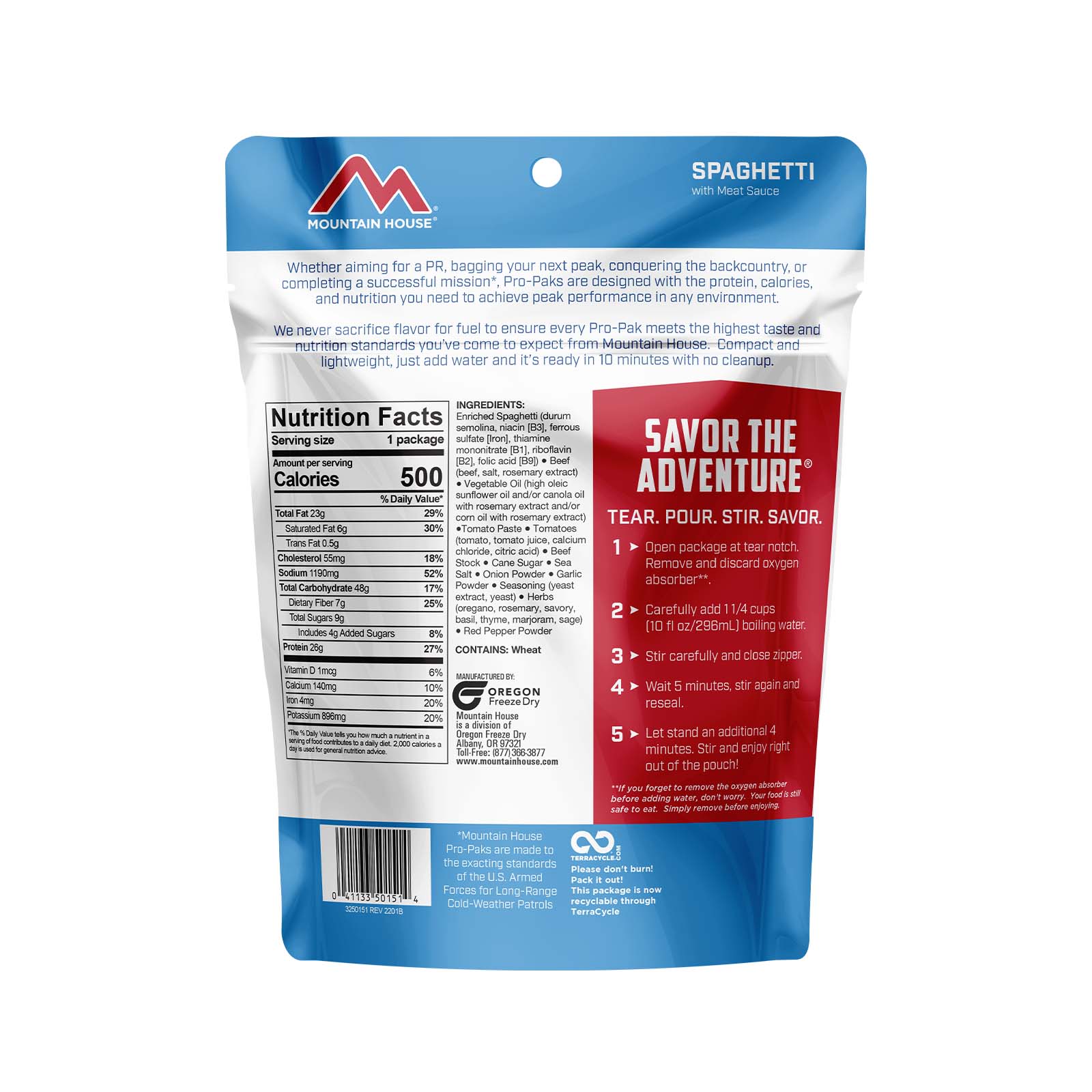 Mountain House spaghetti pouch back nutrition facts panel 