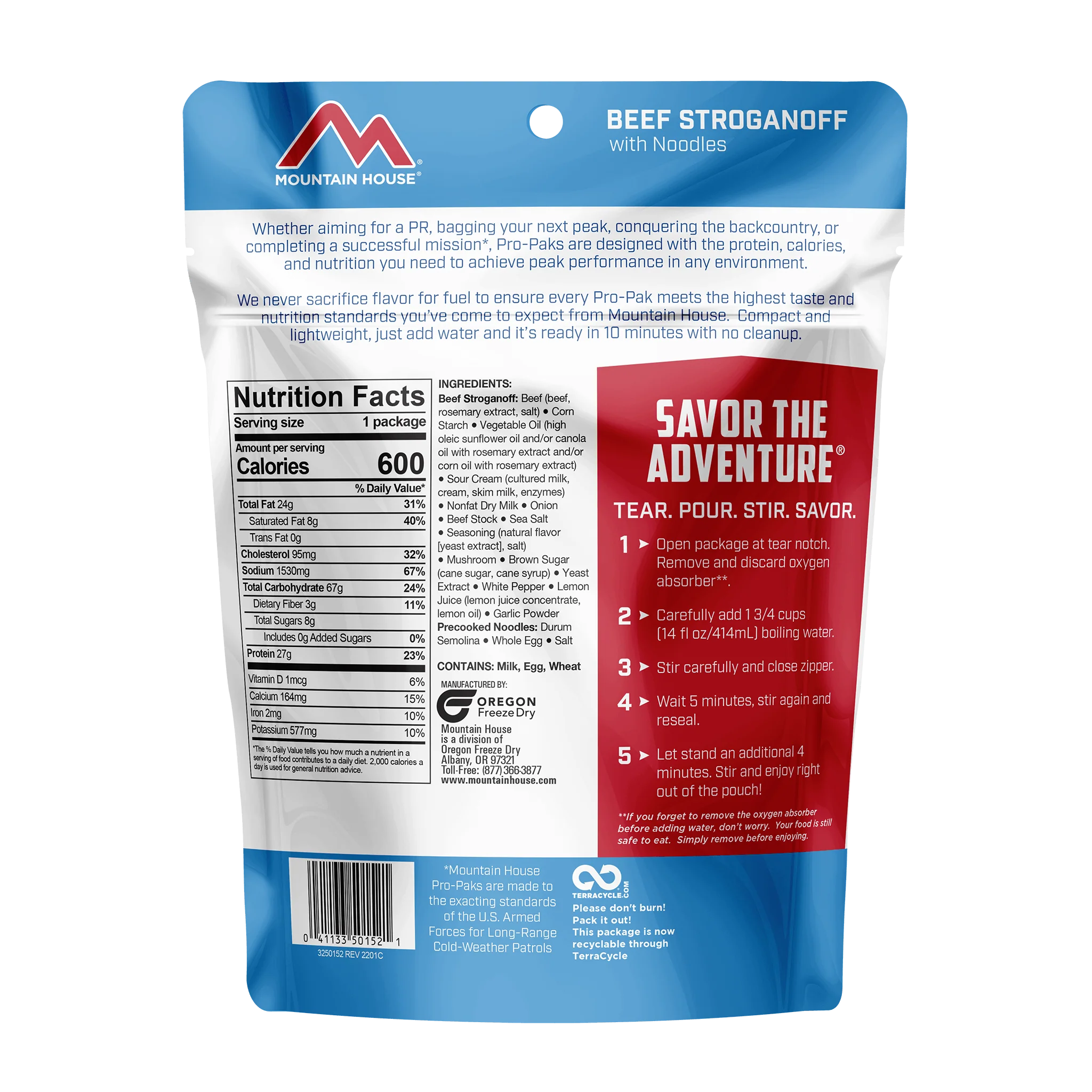 back nutritional panel Mountain House Beef Stroganoff with Noodles pouch pro-pak