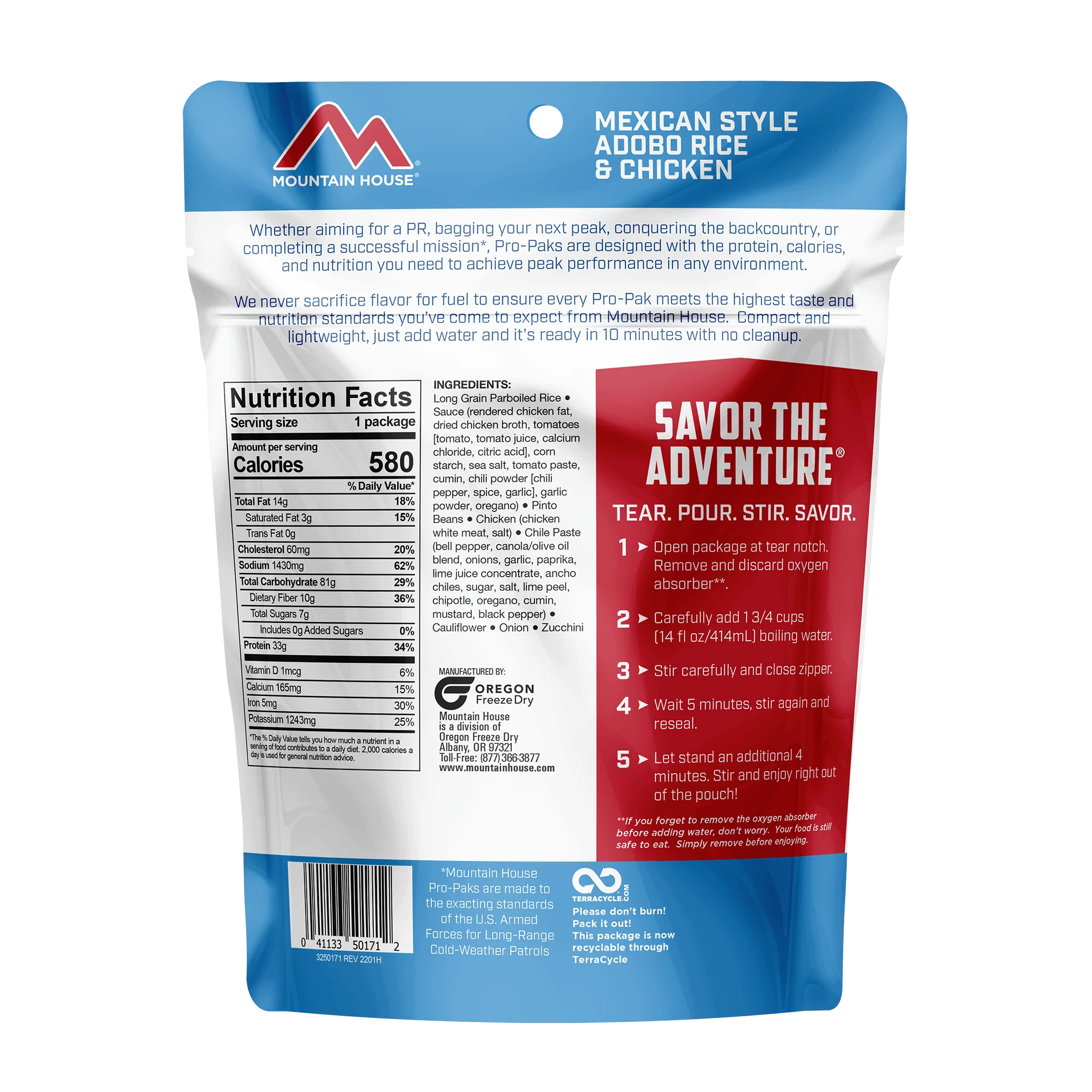 Mountain House mexican adobo rice And chicken pro pak back