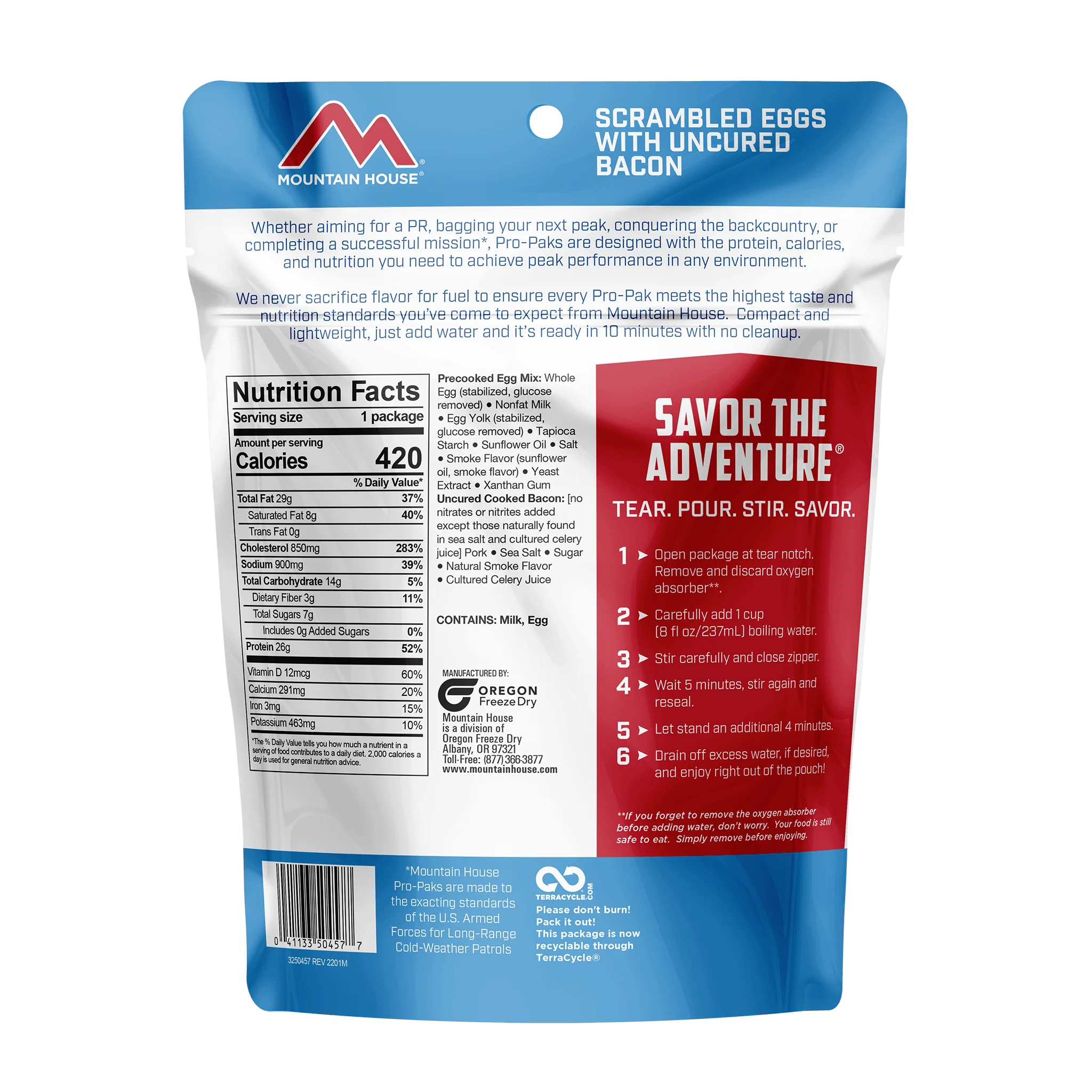 Mountain House scrambled eggs with bacon pro pak back