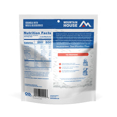 Mountain House granola with milk and blueberries package showing nutrition facts and preparation instructions.