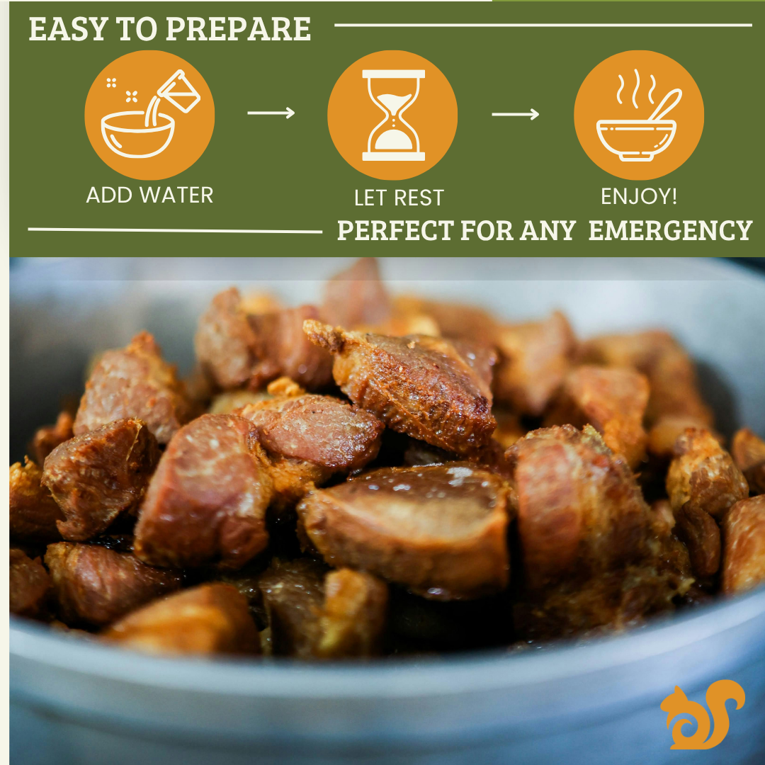 Emergency canned food package graphic with a top instructional panel reading 'EASY TO PREPARE' and three orange icons for adding water, letting rest, and enjoying, above a close-up of brown canned food pieces in a bowl.