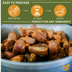 Emergency canned food package graphic with a top instructional panel reading 'EASY TO PREPARE' and three orange icons for adding water, letting rest, and enjoying, above a close-up of brown canned food pieces in a bowl.