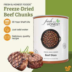 A can of Fresh and Honest Foods Freeze Dried Beef Dices next to a cooked beef, on a split cream and green background with product feature icons and text.