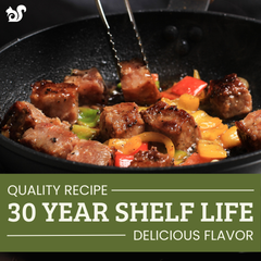 A can of Fresh and Honest Foods Freeze Dried Beef Dices, shown with a side serving of cooked beef cubes on a split-tone cream and green background, accompanied by feature icons and descriptive text for emergency food storage.