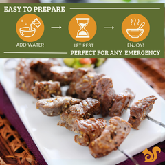Fresh and Honest Foods freeze-dried beef dices shown in a bowl can on a split-tone cream and green background, featuring instructional icons and product information for emergency food storage.