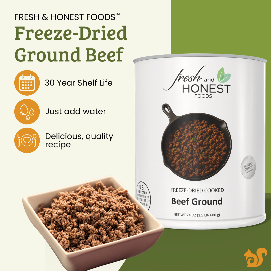 A can of Fresh and Honest Foods Freeze Dried Ground Beef next to a bowl of cooked ground beef, on a split cream and green background with product feature icons and text.