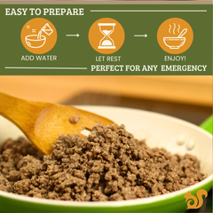 Freeze dried ground beef cooking in a skillet. Just add water and enjoy.