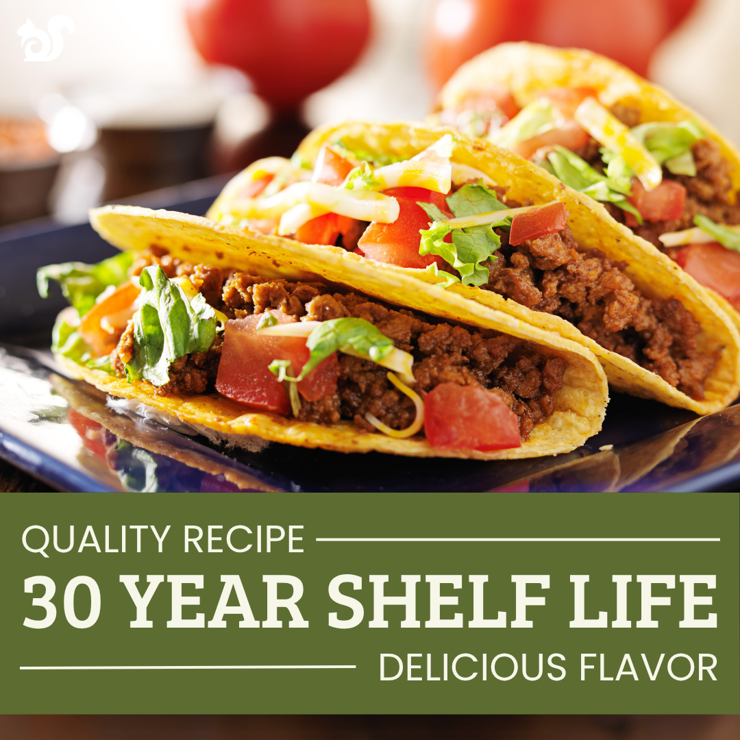 Freeze Dried Ground Beef lifestyle image. Ground beef tacos. 30 year shelf life.