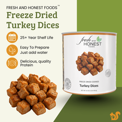 A can of Fresh and Honest Foods Freeze Dried Turkey Dices next to a pile of the cooked turkey cubes, on a split cream and green background with product feature icons and text.
