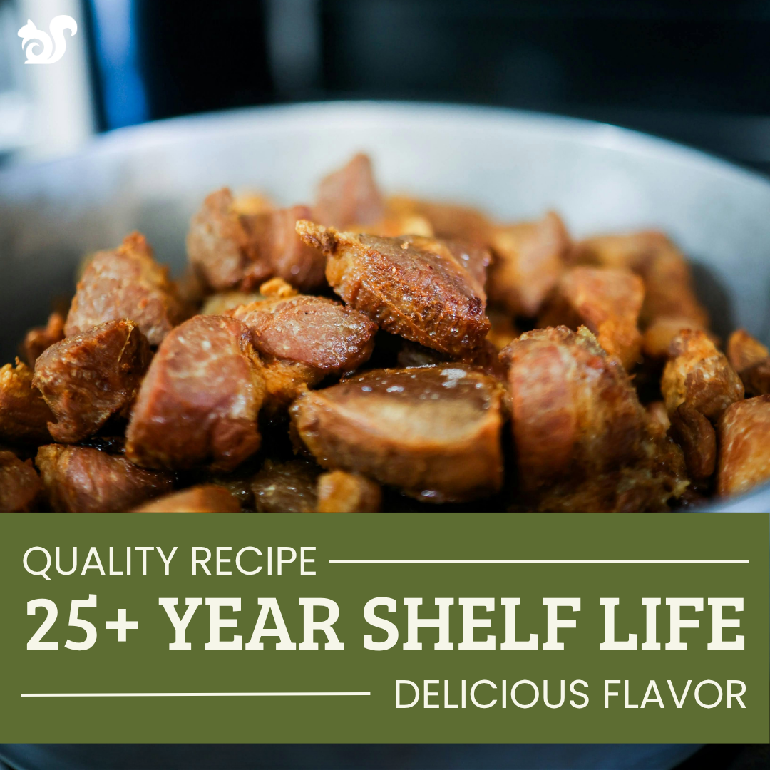 A close-up of cooked turkey chunks in a bowl with a dark olive-green text banner across the bottom reading 'QUALITY RECIPE 25+ YEAR SHELF LIFE DELICIOUS FLAVOR'.