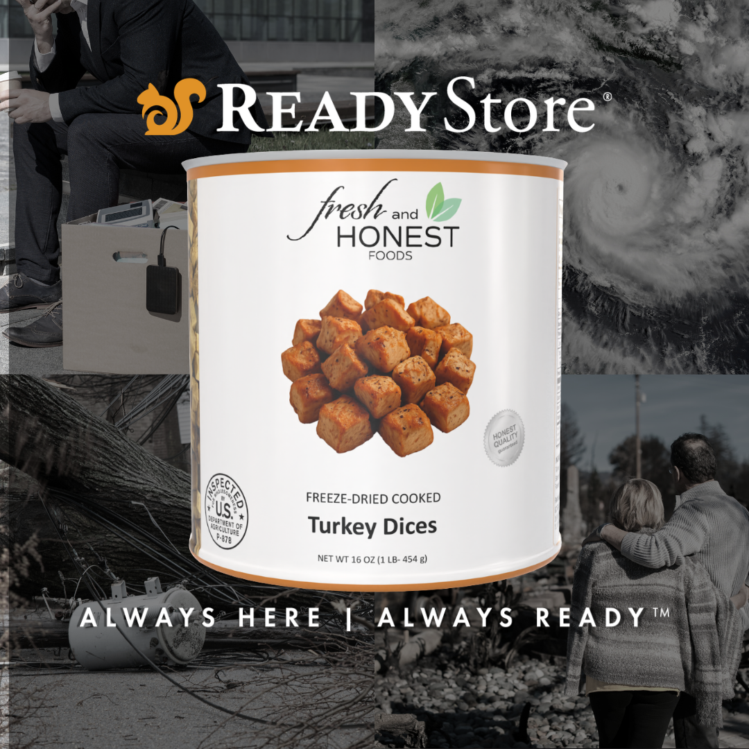 A can of Fresh and Honest Foods Turkey Dices is centered over a collage background showing people and storm imagery. The can label is white with orange-brown food photography and the brand name 'fresh and HONEST FOODS' is visible.